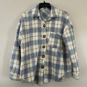 Veveret Blue Cream Plaid Shacket Flannel Jacket Fall Spring Comfy Casual Large thumbnail 1
