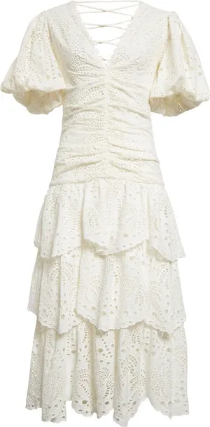 NWT FARM Rio Cotton Eyelet Puff Sleeve White Tiered Midi Dress L cottage coastal breathable thumbnail 3