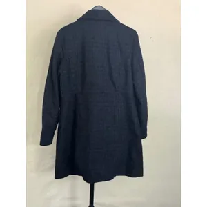 Title: Old Navy L Blue Black Plaid Wool Blend Ruffle Placket Long Coat MSRP $80 thumbnail 2