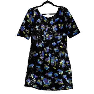VTG Tracy Reese 4 Floral Sequin Mini Dress Blue Scoop Back Party Glam Evening thumbnail 6