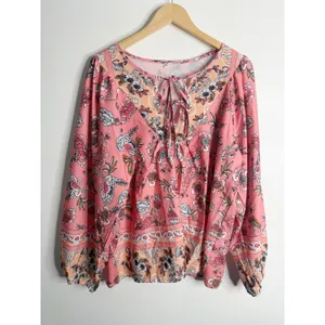 NEW Boho Floral Peasant Blouse‎ Tie Neck Long Sleeve Coral Pink XL Flowy Spring thumbnail 2
