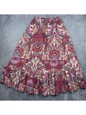 Bohemian Paisley Print Maxi Skirt With Ruffle Hem Elastic Waist Large 100% Polye thumbnail 5