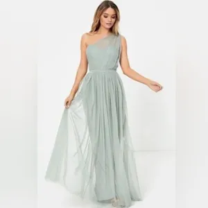 Anaya with love One-Shoulder Maxi dress Tulle Gown in Sage Green Size 4 EUC thumbnail 3