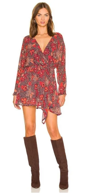 Free People Teegan Mini Dress M Peach Combo Floral V Neck Boho Western Festival thumbnail 1