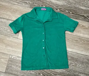 Sz S Green Terrycloth Short Sleeve Top Button Down Shirt Terry Cloth thumbnail 2