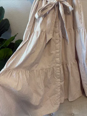 Chico's Cream and Tan Striped Button-Front collared tiered Maxi Dress thumbnail 4