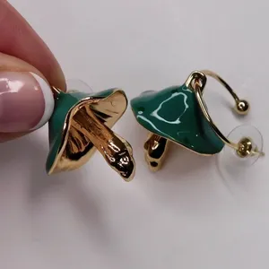 NEW Dotted‎ Mushroom Gold Metallic Earrings Mushrooms Dangle Dangling Teal Green thumbnail 3