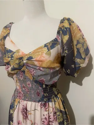 Floral Puff-Sleeve Maxi patchwork style Dress in Multi-Color thumbnail 3