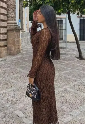ZARA Brown Dress Long Sleeve Lace thumbnail 3