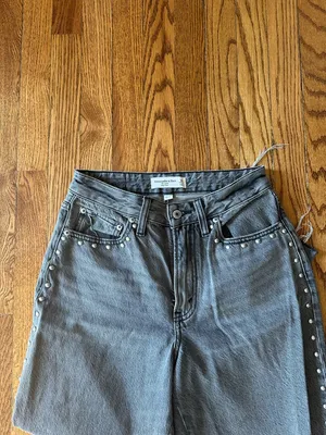 Abercrombie & Fitch Gray Wide-Leg Jeans with Stud Trim thumbnail 3