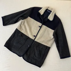 Herman Kay Vintage Women 12 Colorblock Wool‎ Coat Sherpa Collar Navy Grey Beige thumbnail 2
