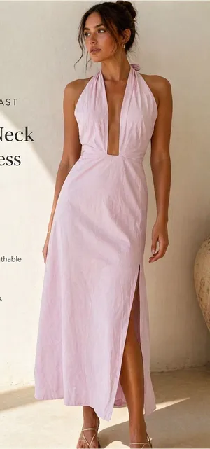 NWT Self Contrast Pink Halter Neck Backless Maxi Dress w/ Side Slit ~ Size Large thumbnail 1
