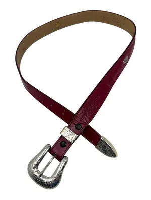 Nocona Western Tooled Leather Belt Red Silver Buckle Women’s Size 26 thumbnail 1