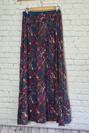 Angie Colorful Boho Flowy Maxi Skirt. Like new. Elastic waistband. Long beaded ties. Blue orange red white. Great festival skirt. Watercolor. 39” long. 13”-16” waist thumbnail 4