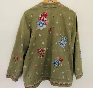 Denim & Co Vintage Floral Olive Jacket Button Up Flowers Butterflies Green Pockets thumbnail 8