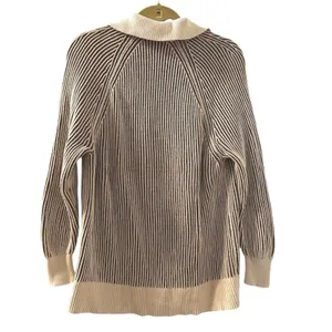 LOFT Pullover Sweater Brown Cream‎ Striped Ribbed Knit V-Neck Women Small thumbnail 4