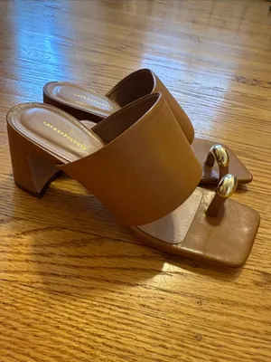 NWOB Anthropologie Tan Leather Block Heel Toe-Ring Slides with Gold Accents thumbnail 2