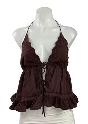 Zara Brown Sleeveless Cami Halter Embroidered Tie Front Ruffle Tank Top Size M thumbnail 1