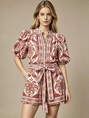 NWT Farm Rio Tropical Cameo Belted Romper Size XS 100% Cotton Puff Sleeves thumbnail 2