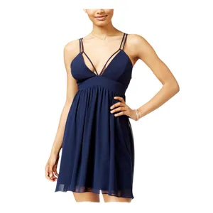 Jump Juniors Chiffon Shirred Short Dress with Deep V Neck 48452 Navy Blue 9 thumbnail 5