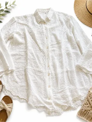 White Embroidered Cotton Gauze Lace Button Front Cottagecore Boho Blouse XL Top thumbnail 4
