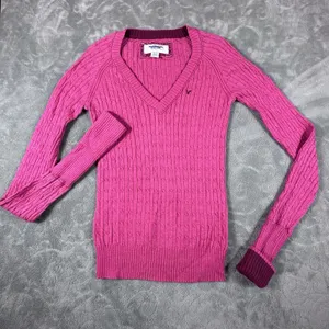 Y2K American Eagle V Neck Fitted Cable Knit Pink Sweater Bella Womens Medium thumbnail 2
