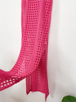 Miss Sparkling Hot Pink Crochet Open Knit Maxi Dress Swim Cover Up thumbnail 4