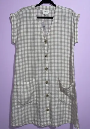 NEW Lou & Grey Linen Dress Women XS Tan Gingham Button Beach Vacation Preppy thumbnail 1