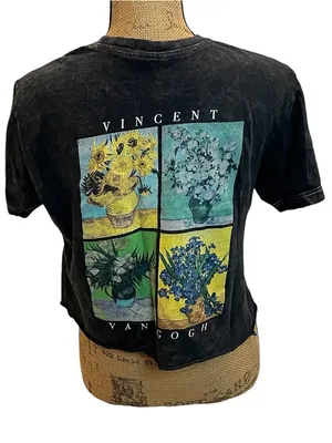 Black Mineral Distressed Cropped Graphic Tee Vincent Van Gough Size M thumbnail 3
