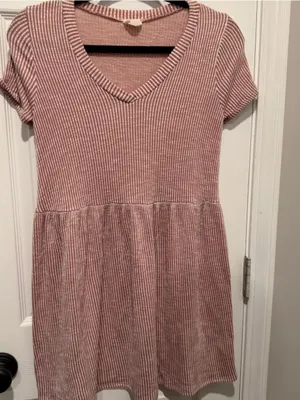 Caution to the Wind Women’s Pink White Striped V Neck Babydoll Dress thumbnail 1
