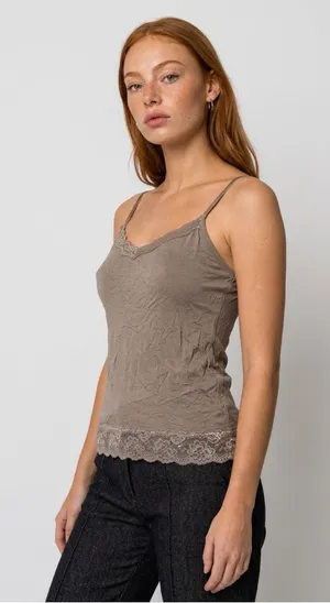 Brown Lace Trim Camisole Tank Top thumbnail 1