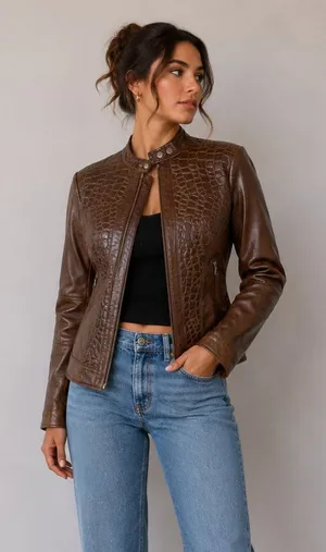Burns 1876 Leather Embossed Zip Up Jacket Brown Size Small thumbnail 1