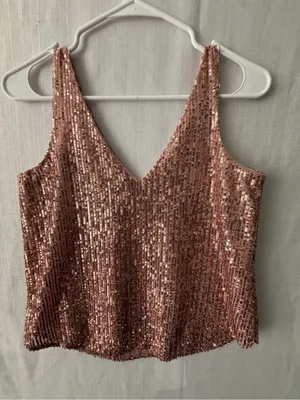 LOFT Petites women’s size XXSP Rose Gold Sequin Halter Crop Top Excellent(A641) thumbnail 7