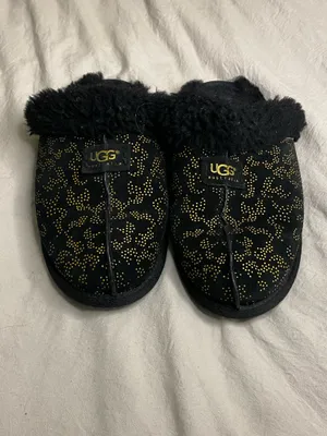 Used UGG Black Suede Slip-On Slippers with Gold Stud Patte women size 8 thumbnail 2