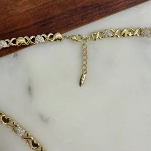 14k Gold Plated Set Heart Shaped XOXO Choker 21" And Bracelet 8" Zirconia thumbnail 3