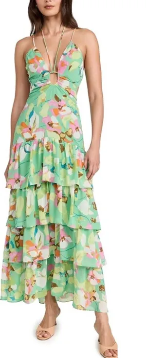 ASTR the Label Aneira Floral Tiered Maxi Dress Green Pink Multi Size‎ S thumbnail 1