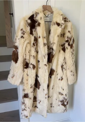Anthropologie Maeve Grand Glam Faux Fur Coat Long Jacket in Cream and Brown thumbnail 1