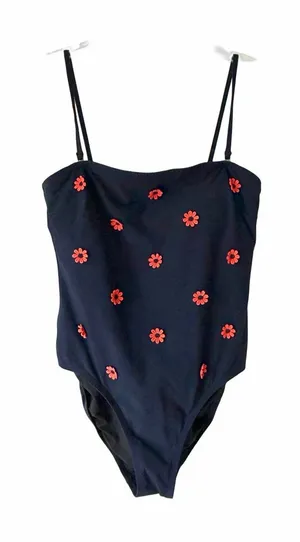 J. Crew Navy Blue Strapless Daisy Appliqué Swimsuit size 6 Textured Removable thumbnail 1
