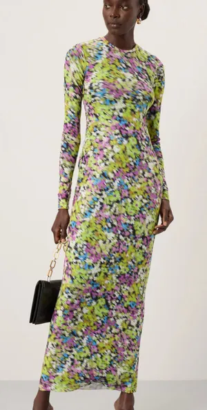 AFRM Abstract Mesh Maxi Dress XS Bodycon Slinky Long Sleeve Didi Designer $90 thumbnail 1
