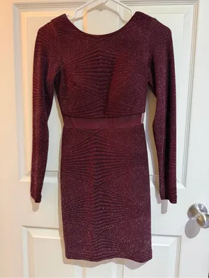 Women's Burgundy Long-Sleeve Sheer-Waist Bodycon Dress thumbnail 1