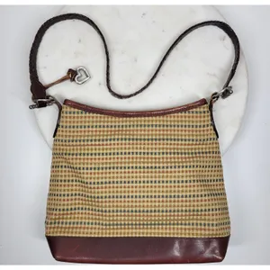 Brighton Tweed Purse Braided Leather Trim Heart Charm Brown Tan Check thumbnail 16