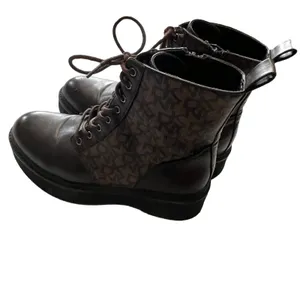 DKNY Women's‎ Size 7.5 M Roselyn Brown Monogram Print Lace Up Combat Boots thumbnail 6