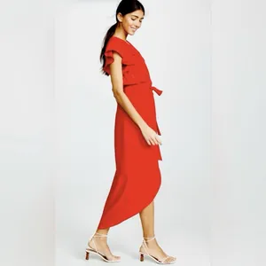 Amanda‎ Uprichard Red Martinique Midi Dress Ruffle Sleeve Tulip Hem Belt MEDIUM thumbnail 4