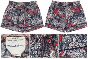 Anthropologie Red & Navy Floral Paisley Drawstring Shorts, Small thumbnail 2