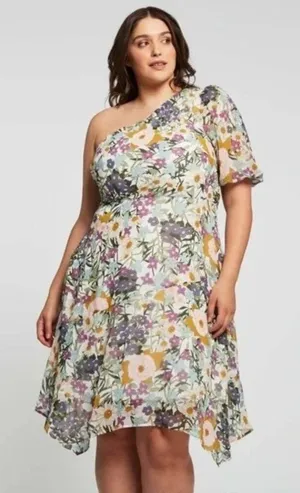 ESTELLE Women's 3X Wildbloom Midi‎ Dress Floral One shoulder Short Puff Sleeves thumbnail 1
