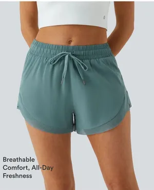 Halara Mid Rise Drawstring Contrast Mesh 2-in-1 Flowy Running Shorts 3'' Green S thumbnail 1