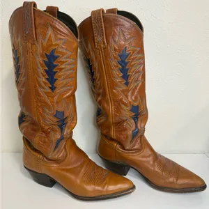 Vintage Dan Post Leather Cowboy Boots – Brown w/ Blue Stitching – Women’s 6.5-7 thumbnail 1