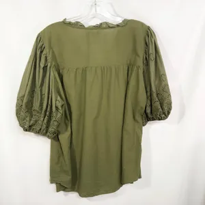 Maurices XXL Top Eyelet Blouse Peasant Top Puff Sleeve‎ Olive Green 907 thumbnail 5