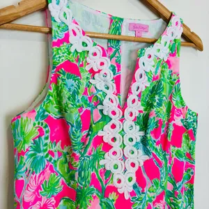 Lilly Pulitzer pink & green “Hanging Around” print shift mini dress lace trim 4 thumbnail 3