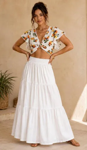 FARM Rio Cashew Fruit Print Twist Front Crop Top Flutter Sleeve Lace Trim Size S thumbnail 1